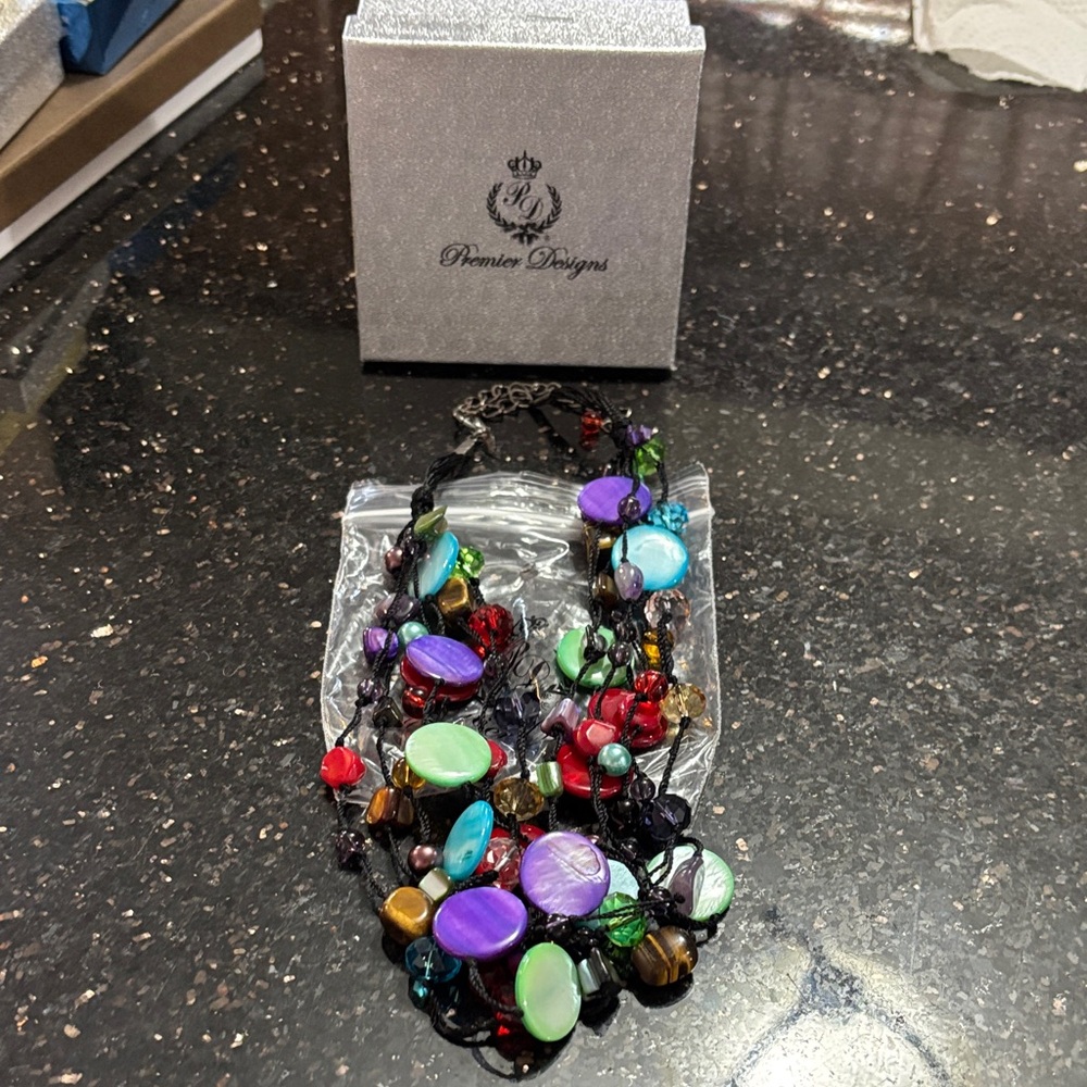 Premier Designs Spectrum Necklace 7 Strand Multicolor Glass Bead Black Cord new